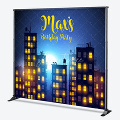 Aperturee - Aperturee Custom Night City Skyline Birthday Party Backdrop with Full Moon and Stars Personalized Urban Theme Decor