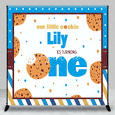 Aperturee - Aperturee Custom Our Little Cookie First Birthday Backdrop Personalized Blue and Brown Stripes Polka Dots Party Decor