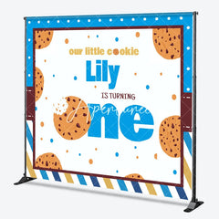 Aperturee - Aperturee Custom Our Little Cookie First Birthday Backdrop Personalized Blue and Brown Stripes Polka Dots Party Decor