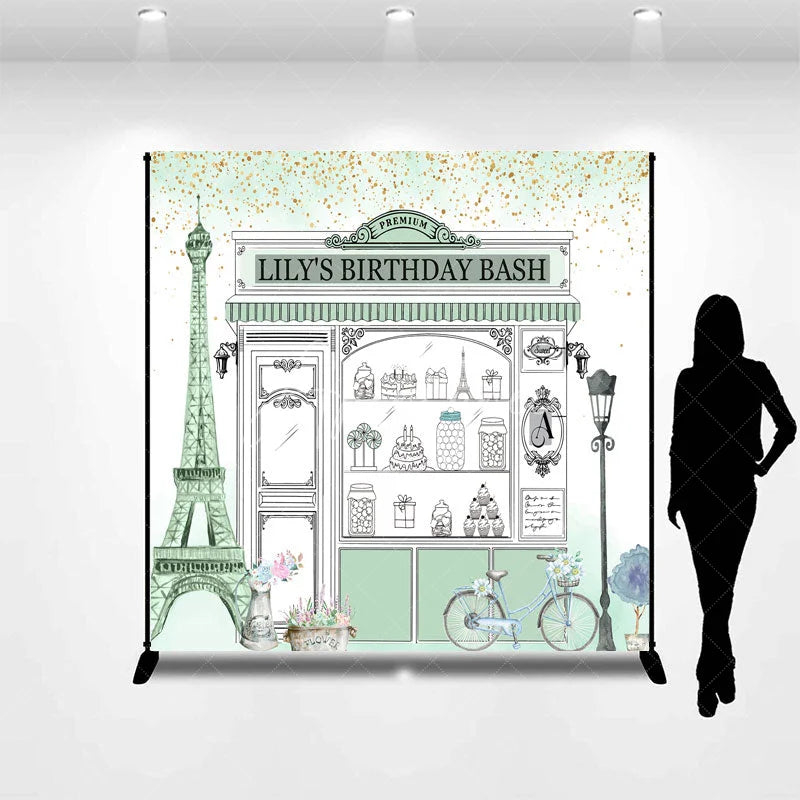 Aperturee - Aperturee Custom Parisian Storefront Birthday Backdrop Sweet Treats and Gold Glitter Party Decor