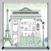 Aperturee - Aperturee Custom Parisian Storefront Birthday Backdrop Sweet Treats and Gold Glitter Party Decor