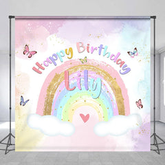 Aperturee - Aperturee Custom Pastel Rainbow Happy Birthday Backdrop with Gold Glitter Butterflies and Clouds for Kids Party