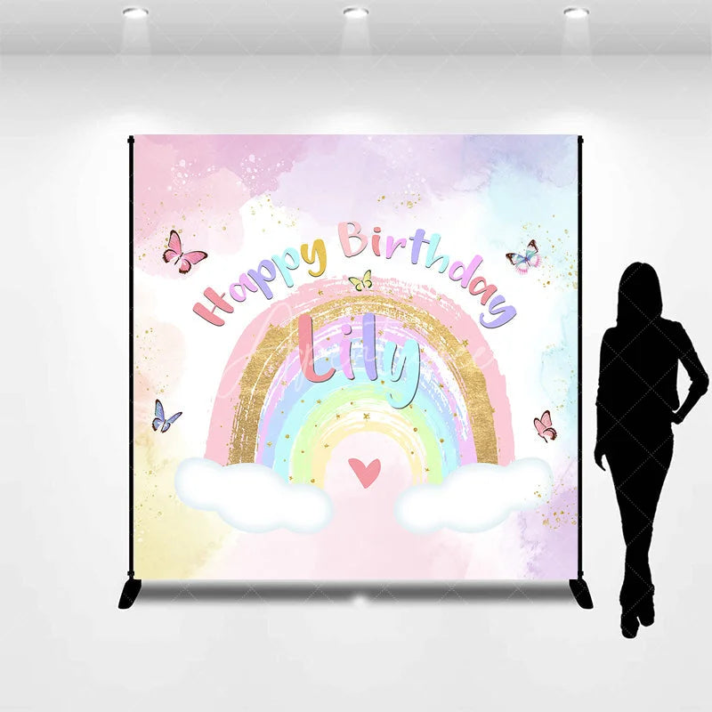 Aperturee - Aperturee Custom Pastel Rainbow Happy Birthday Backdrop with Gold Glitter Butterflies and Clouds for Kids Party