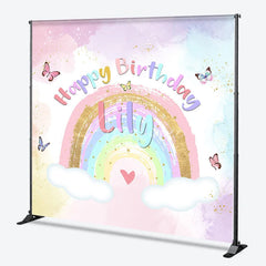 Aperturee - Aperturee Custom Pastel Rainbow Happy Birthday Backdrop with Gold Glitter Butterflies and Clouds for Kids Party