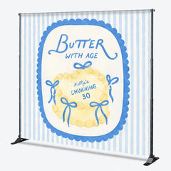 Aperturee - Aperturee Custom Personalized Blue and Yellow Striped Backdrop Elegant Butter with Age Cake Design for 30th Birthday Party.