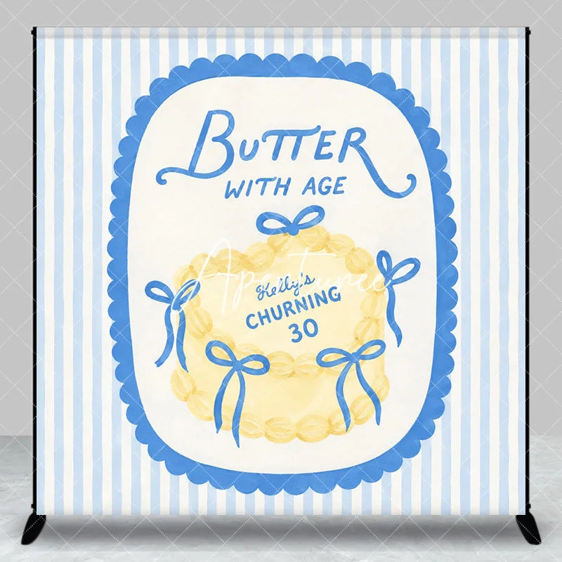 Aperturee - Aperturee Custom Personalized Blue and Yellow Striped Backdrop Elegant Butter with Age Cake Design for 30th Birthday Party.