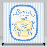 Aperturee - Aperturee Custom Personalized Blue and Yellow Striped Backdrop Elegant Butter with Age Cake Design for 30th Birthday Party.
