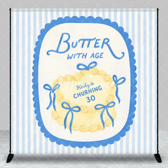 Aperturee - Aperturee Custom Personalized Blue and Yellow Striped Backdrop Elegant Butter with Age Cake Design for 30th Birthday Party.