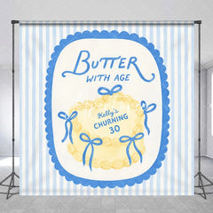 Aperturee - Aperturee Custom Personalized Blue and Yellow Striped Backdrop Elegant Butter with Age Cake Design for 30th Birthday Party.