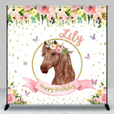 Aperturee - Aperturee Custom Personalized Horse Head Floral Wreath Happy Birthday Backdrop Pink Gold Glitter Decor