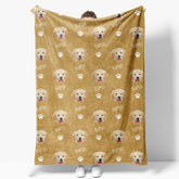 Aperturee - Aperturee Custom Pet Face Name Yellow White Paw Print Blanket