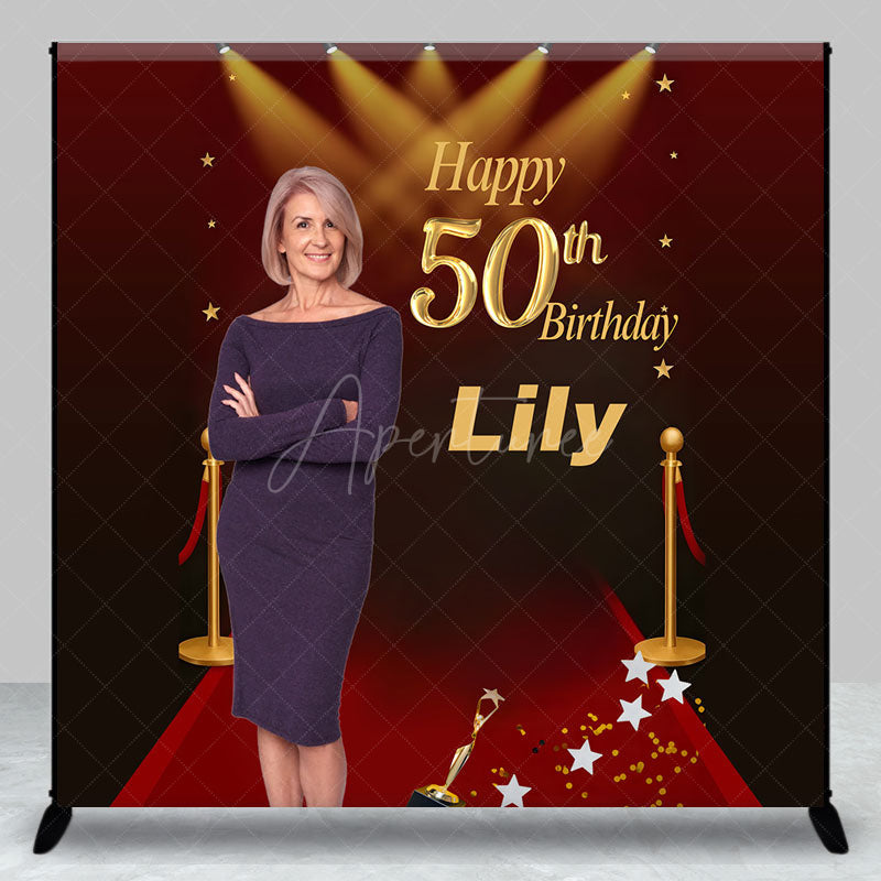 Aperturee - Aperturee Custom Photo 50th Birthday Backdrop for Her Personalized Red Carpet Hollywood Add Your Face Glam Party Decor