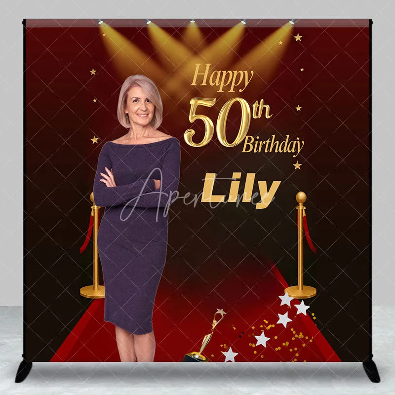 Aperturee - Aperturee Custom Photo 50th Birthday Backdrop for Her Personalized Red Carpet Hollywood Add Your Face Glam Party Decor