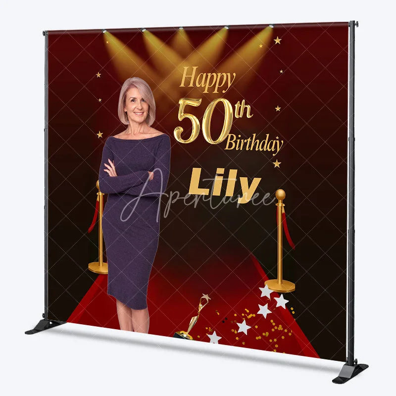 Aperturee - Aperturee Custom Photo 50th Birthday Backdrop for Her Personalized Red Carpet Hollywood Add Your Face Glam Party Decor