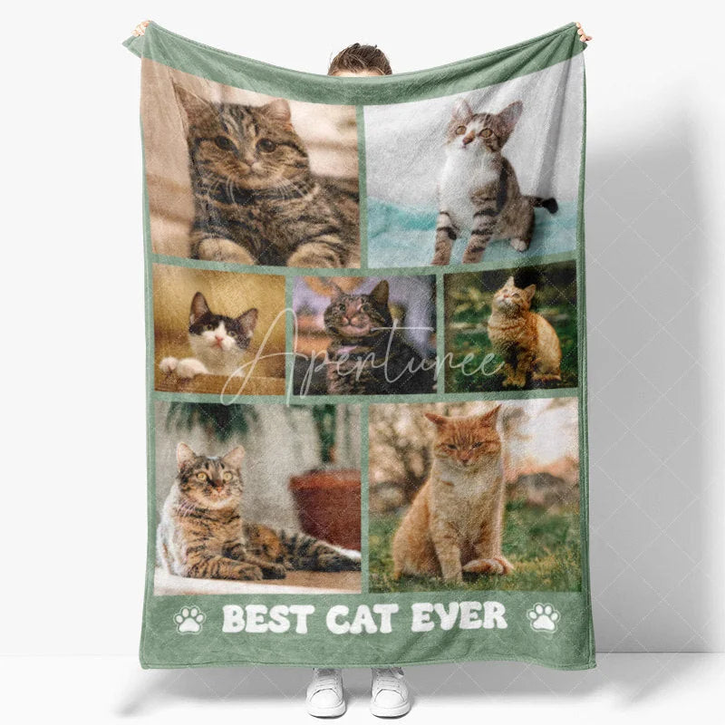 Aperturee - Aperturee Custom Photo Collage Pet Blanket for Cat Lovers ’Best Cat Ever’ Memorial Gift Add Your Favorite Cat Pictures