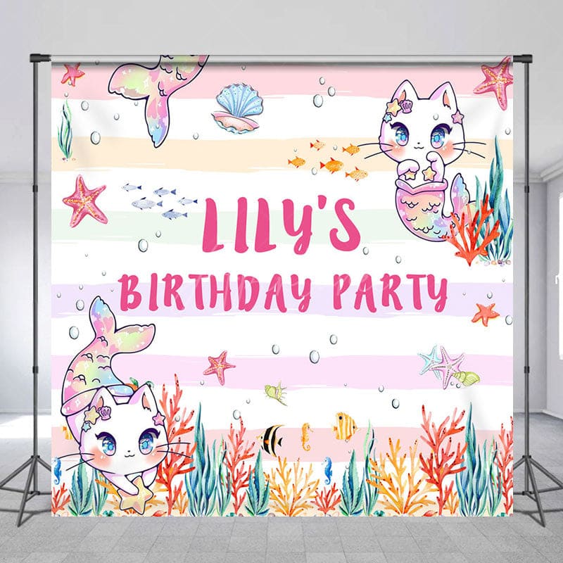 Aperturee - Aperturee Custom Photo Mermaid Cat Ocean Birthday Backdrop