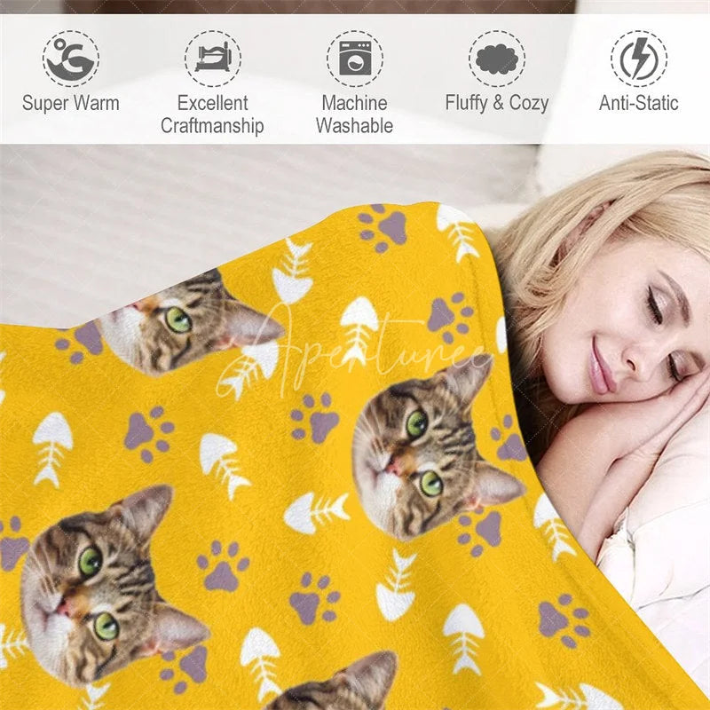 Aperturee - Aperturee Custom Photo Pet Blanket with Your Cat’s Face Repeating Pattern with Paws Funny Novelty Gift for Cat Lovers