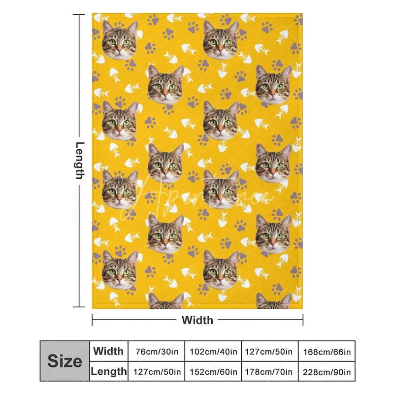 Aperturee - Aperturee Custom Photo Pet Blanket with Your Cat’s Face Repeating Pattern with Paws Funny Novelty Gift for Cat Lovers