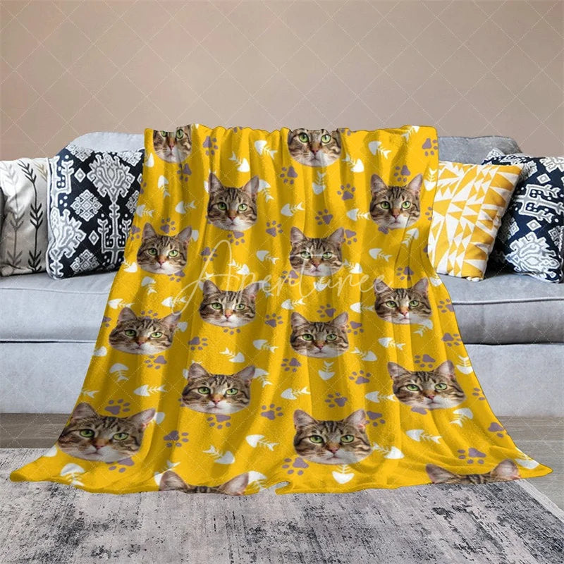Aperturee - Aperturee Custom Photo Pet Blanket with Your Cat’s Face Repeating Pattern with Paws Funny Novelty Gift for Cat Lovers