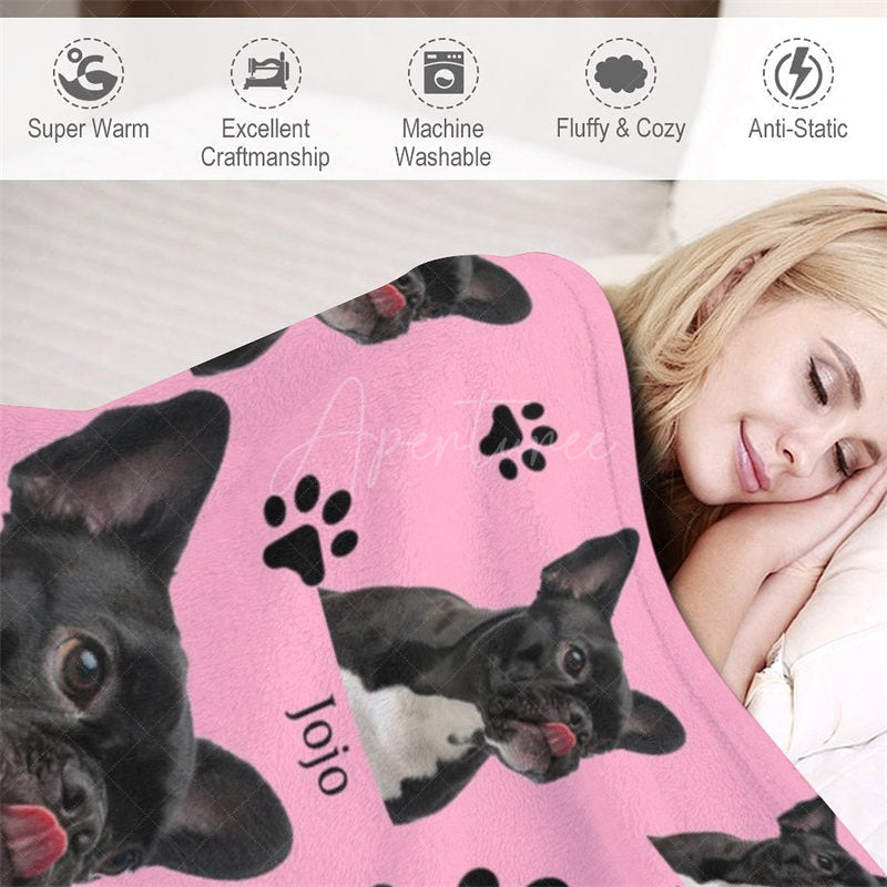 Aperturee - Aperturee Custom Photo Pet Blanket with Your Dog’s Face Personalized French Bulldog on Pink Funny Gift for Dog Mom