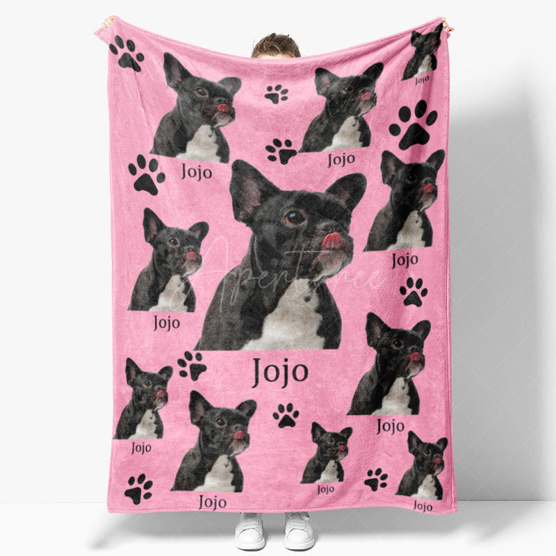 Aperturee - Aperturee Custom Photo Pet Blanket with Your Dog’s Face Personalized French Bulldog on Pink Funny Gift for Dog Mom