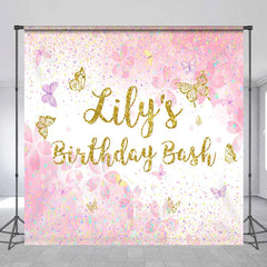 Aperturee - Aperturee Custom Pink and Gold Glitter Butterfly Birthday Backdrop Personalized Name Party Celebration Decor
