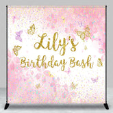 Aperturee - Aperturee Custom Pink and Gold Glitter Butterfly Birthday Backdrop Personalized Name Party Celebration Decor