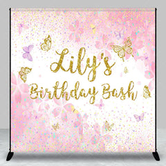 Aperturee - Aperturee Custom Pink and Gold Glitter Butterfly Birthday Backdrop Personalized Name Party Celebration Decor