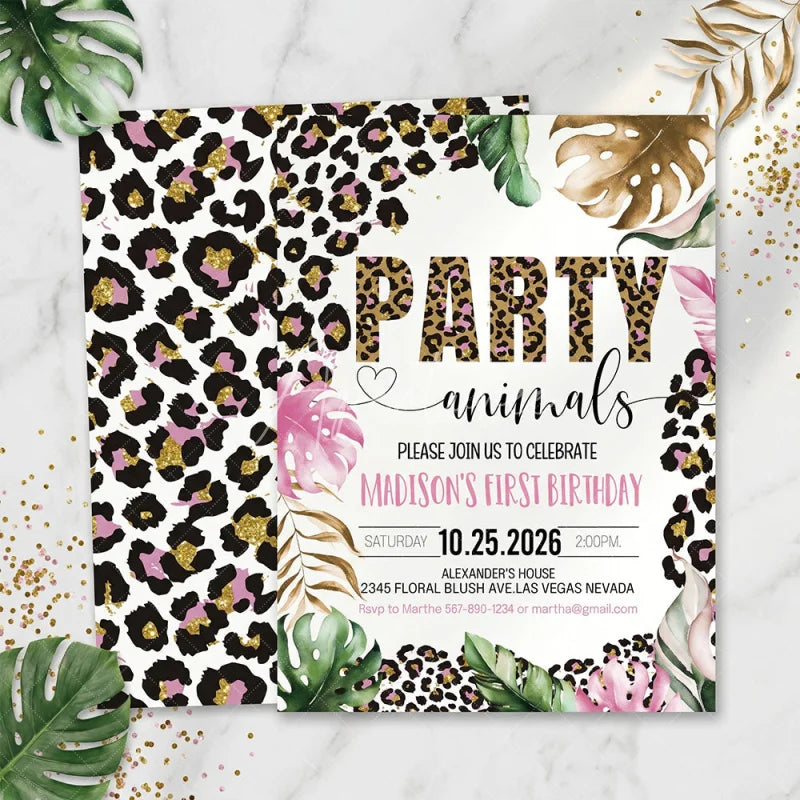 Aperturee - Aperturee Custom Pink and Gold Glitter Set of 20 Leopard Print Invitation Tropical Party Animals First Birthday Design