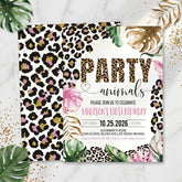 Aperturee - Aperturee Custom Pink and Gold Glitter Set of 20 Leopard Print Invitation Tropical Party Animals First Birthday Design