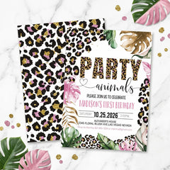 Aperturee - Aperturee Custom Pink and Gold Glitter Set of 20 Leopard Print Invitation Tropical Party Animals First Birthday Design