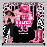 Aperturee - Aperturee Custom Pink Disco Cowgirl 33rd Birthday Backdrop with Glitter Disco Ball and Cowboy Boots Glam Western Party Decor