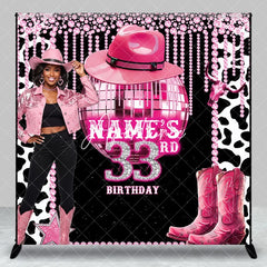 Aperturee - Aperturee Custom Pink Disco Cowgirl 33rd Birthday Backdrop with Glitter Disco Ball and Cowboy Boots Glam Western Party Decor