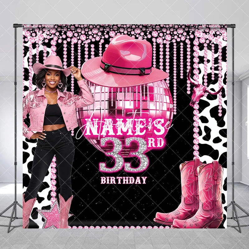 Aperturee - Aperturee Custom Pink Disco Cowgirl 33rd Birthday Backdrop with Glitter Disco Ball and Cowboy Boots Glam Western Party Decor