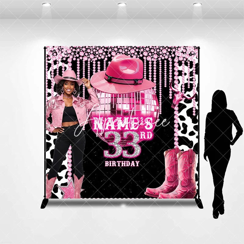 Aperturee - Aperturee Custom Pink Disco Cowgirl 33rd Birthday Backdrop with Glitter Disco Ball and Cowboy Boots Glam Western Party Decor