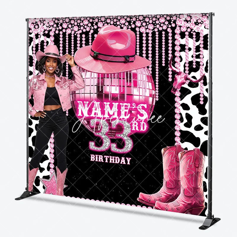 Aperturee - Aperturee Custom Pink Disco Cowgirl 33rd Birthday Backdrop with Glitter Disco Ball and Cowboy Boots Glam Western Party Decor