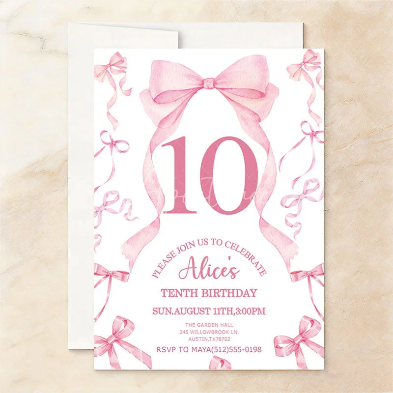 Aperturee - Aperturee Custom Pink Watercolor Set of 20 Bow 10th Birthday Invitation Elegant Ribbon Party Celebration Card for Girls