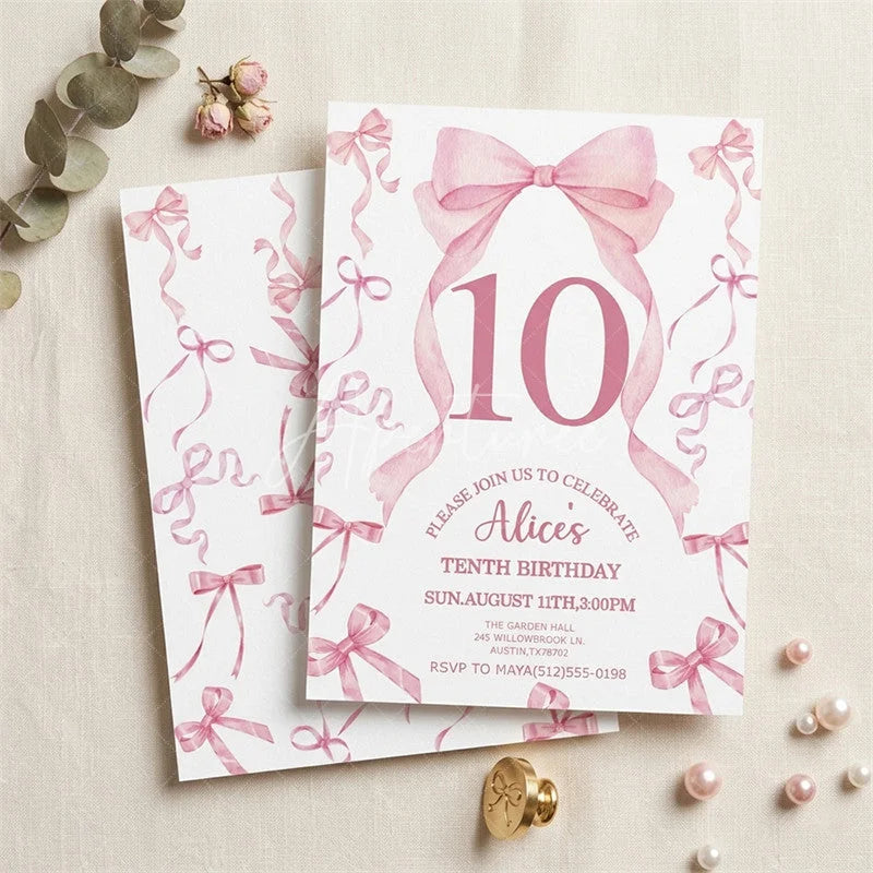 Aperturee - Aperturee Custom Pink Watercolor Set of 20 Bow 10th Birthday Invitation Elegant Ribbon Party Celebration Card for Girls