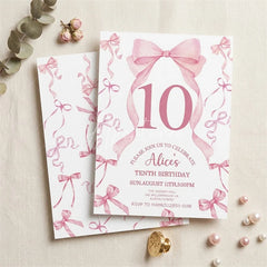 Aperturee - Aperturee Custom Pink Watercolor Set of 20 Bow 10th Birthday Invitation Elegant Ribbon Party Celebration Card for Girls