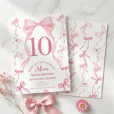 Aperturee - Aperturee Custom Pink Watercolor Set of 20 Bow 10th Birthday Invitation Elegant Ribbon Party Celebration Card for Girls