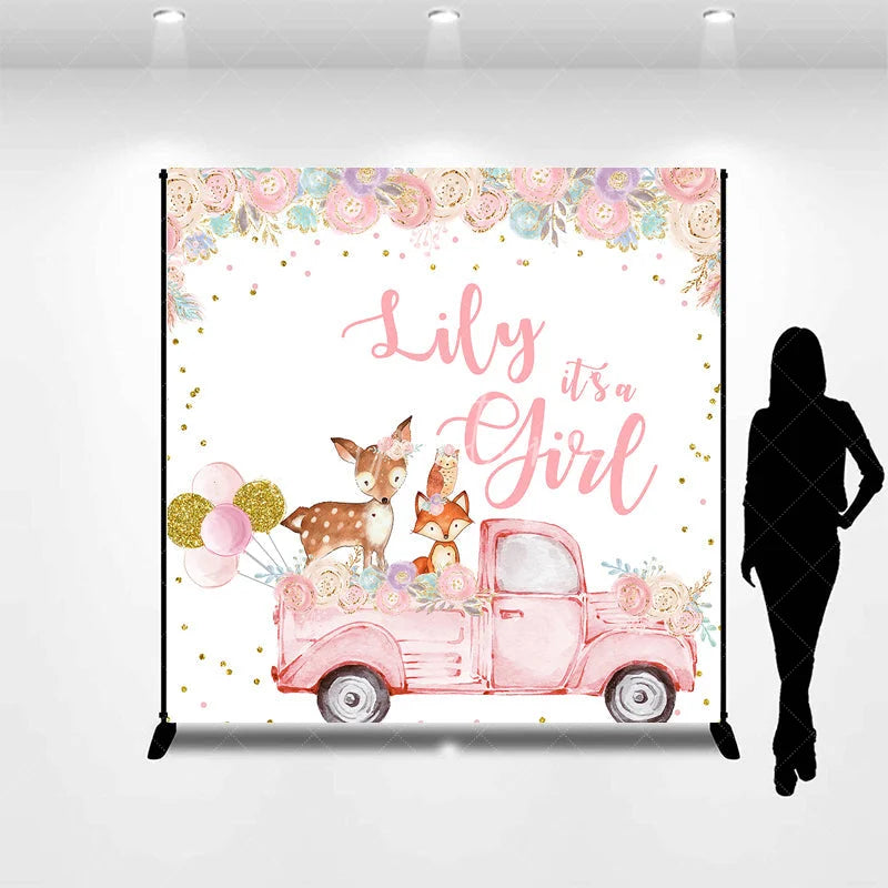 Aperturee - Aperturee Custom Pink Woodland Floral It’s a Girl Baby Shower Backdrop featuring a vintage truck and cute animals.