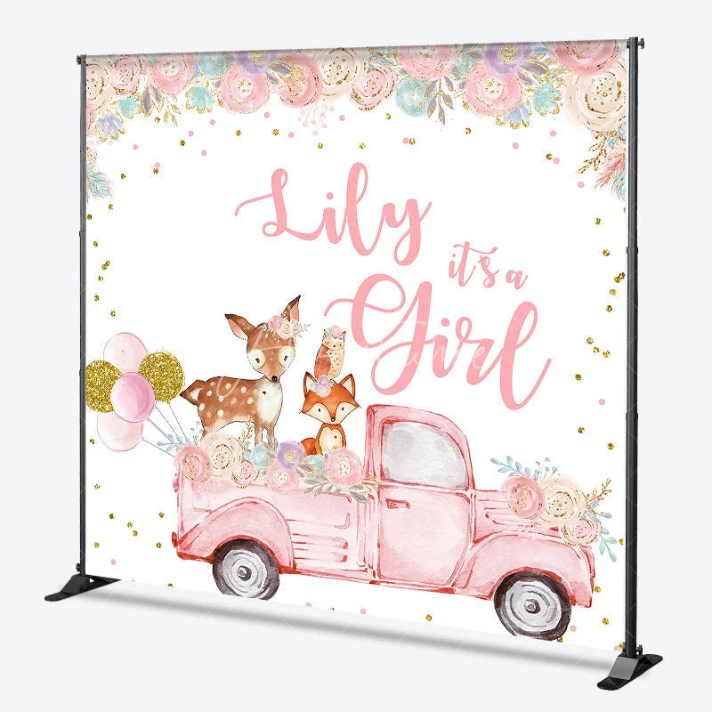 Aperturee - Aperturee Custom Pink Woodland Floral It’s a Girl Baby Shower Backdrop featuring a vintage truck and cute animals.