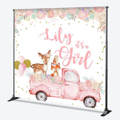 Aperturee - Aperturee Custom Pink Woodland Floral It’s a Girl Baby Shower Backdrop featuring a vintage truck and cute animals.