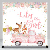 Aperturee - Aperturee Custom Pink Woodland Floral It’s a Girl Baby Shower Backdrop featuring a vintage truck and cute animals.