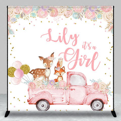 Aperturee - Aperturee Custom Pink Woodland Floral It’s a Girl Baby Shower Backdrop featuring a vintage truck and cute animals.