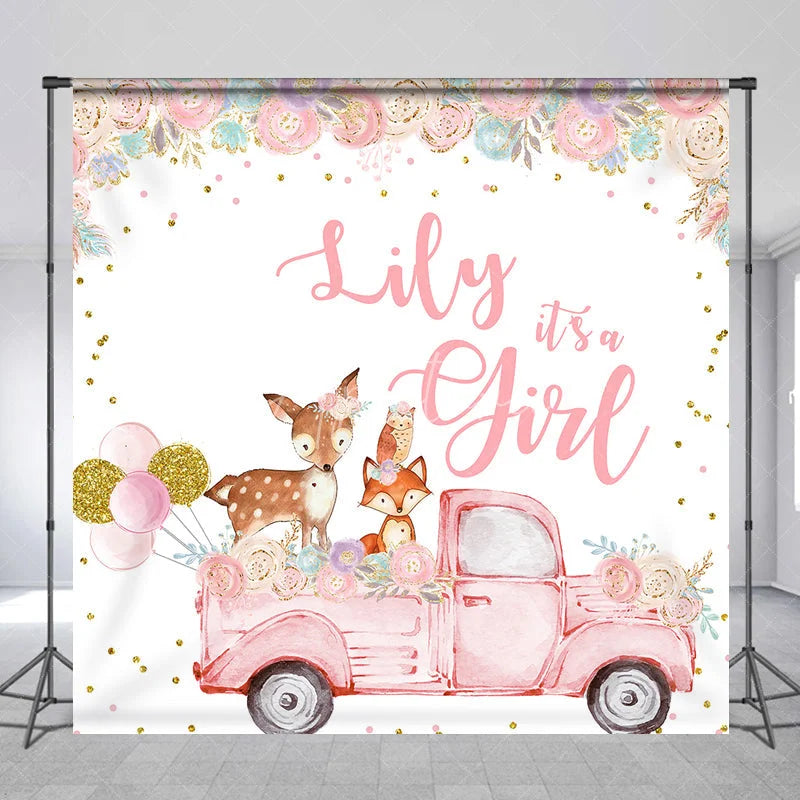 Aperturee - Aperturee Custom Pink Woodland Floral It’s a Girl Baby Shower Backdrop featuring a vintage truck and cute animals.