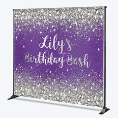 Aperturee - Aperturee Custom Purple and Silver Glitter Diamond Birthday Backdrop Personalized Party Decor for a Glamorous Celebration