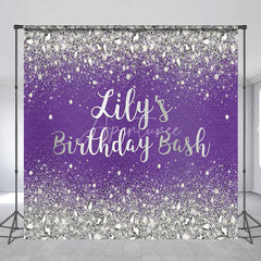 Aperturee - Aperturee Custom Purple and Silver Glitter Diamond Birthday Backdrop Personalized Party Decor for a Glamorous Celebration