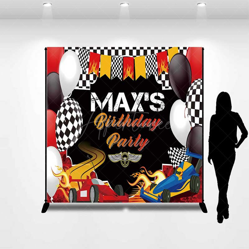 Aperturee Aperturee Custom Race Car Birthday Party Backdrop Red and Blue Cars with Flames Banner Checkered Flag Finish Line Decor