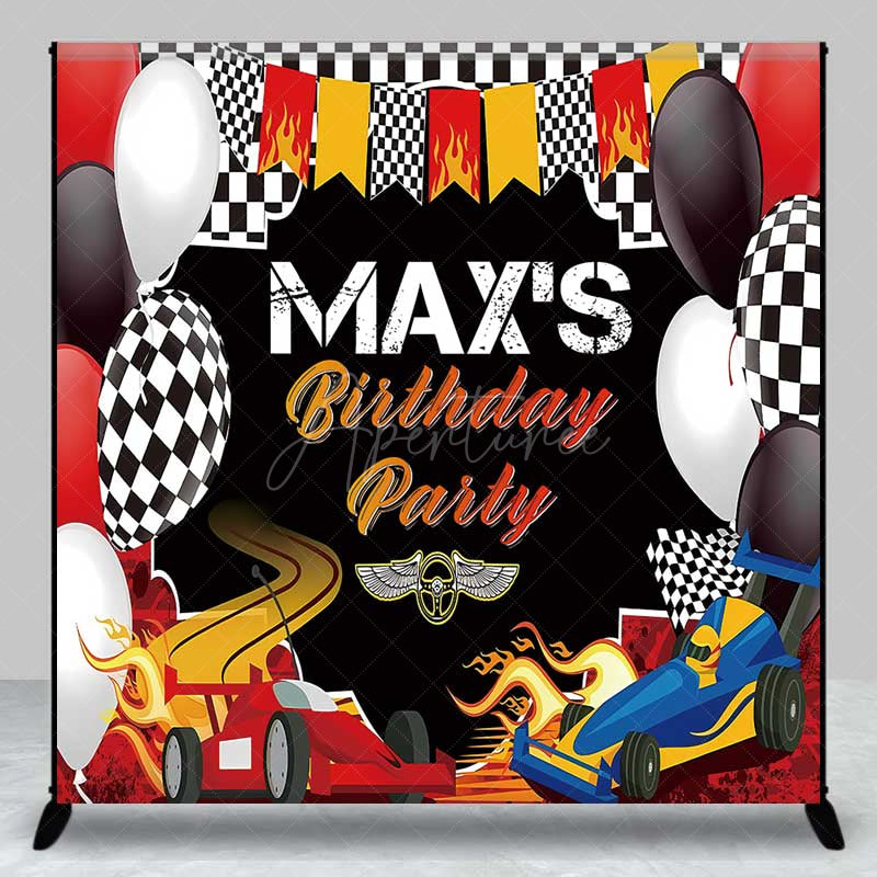 Aperturee Aperturee Custom Race Car Birthday Party Backdrop Red and Blue Cars with Flames Banner Checkered Flag Finish Line Decor